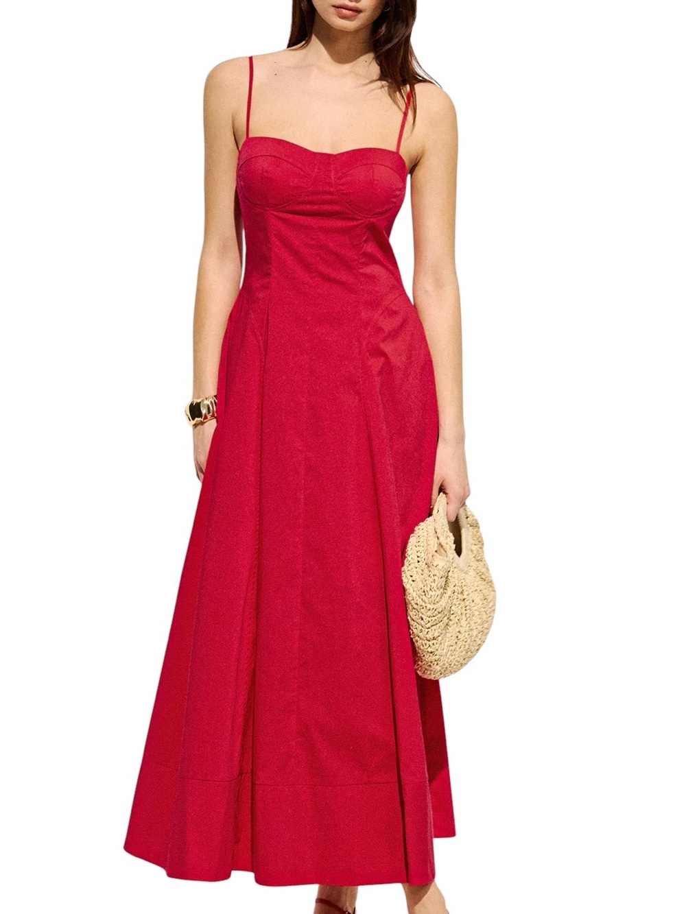 Commense Cherry Red Cotton Blend Cami Flared Maxi Dress XS NWT Pockets